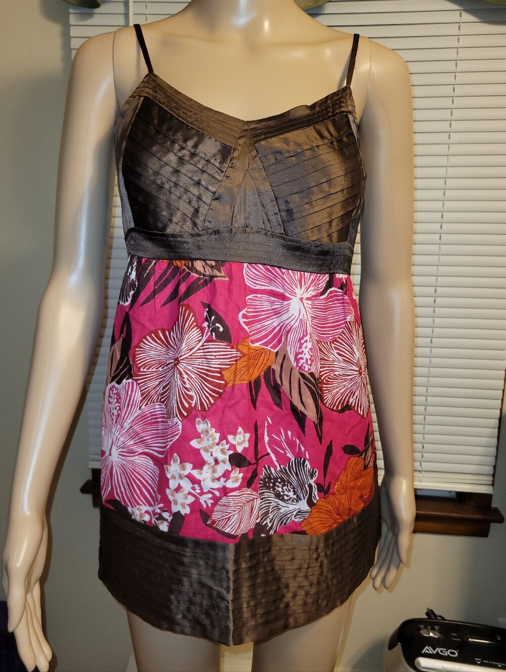 Dizzy Lizzy - Brown Satin & Pink Floral Spaghetti-Strap Top.